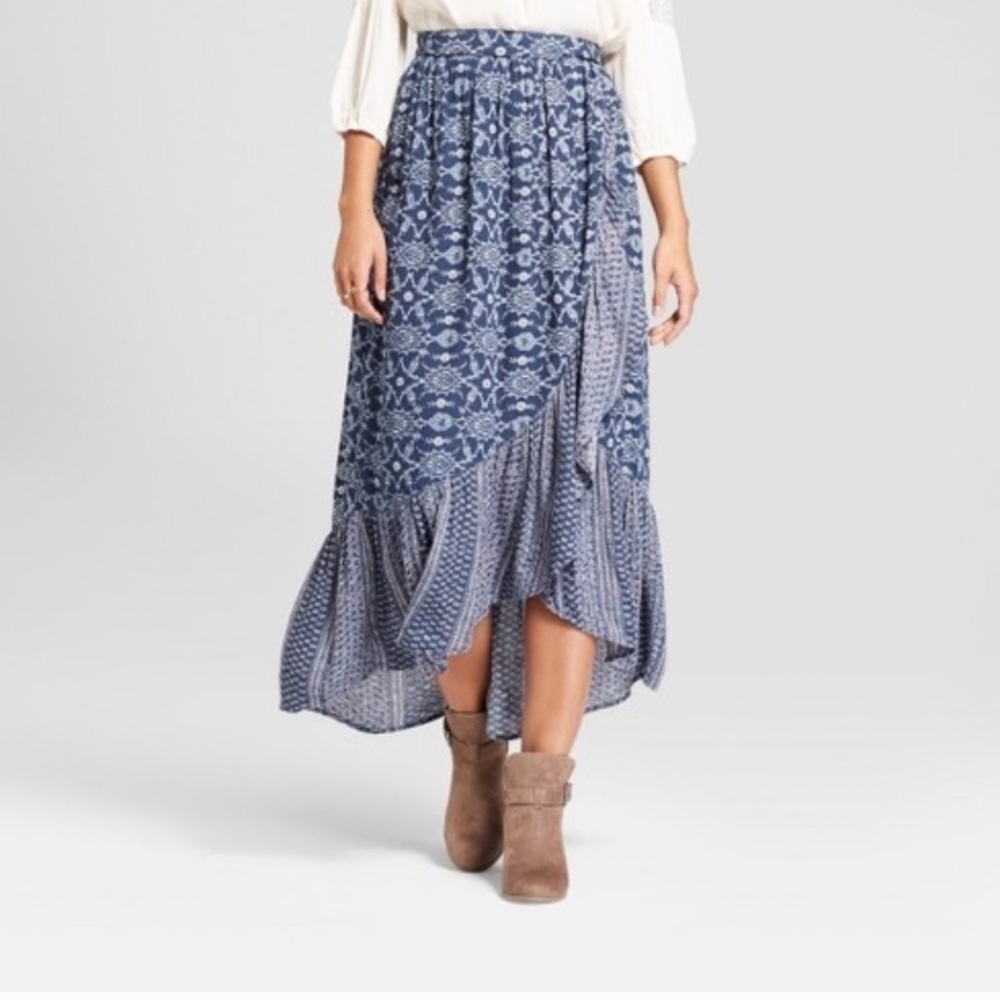 FREE Blue midi skirt ruffle hem size s Knox Rose